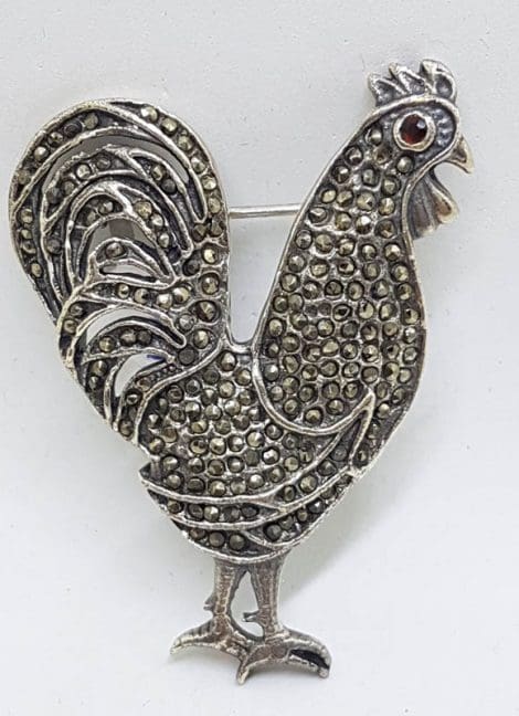 Sterling Silver Marcasite Large Rooster Brooch with Garnet Eye