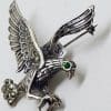 Sterling Silver Marcasite Large Eagle / Bird Brooch - Green Eye