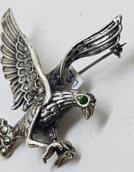 Sterling Silver Marcasite Large Eagle / Bird Brooch - Green Eye