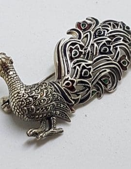 Sterling Silver Marcasite & Enamel Peacock Bird Brooch