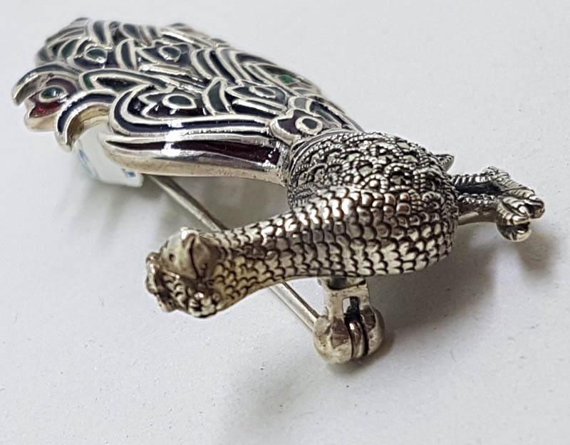 20210721_133754 Sterling Silver Marcasite & Enamel Peacock Bird Brooch