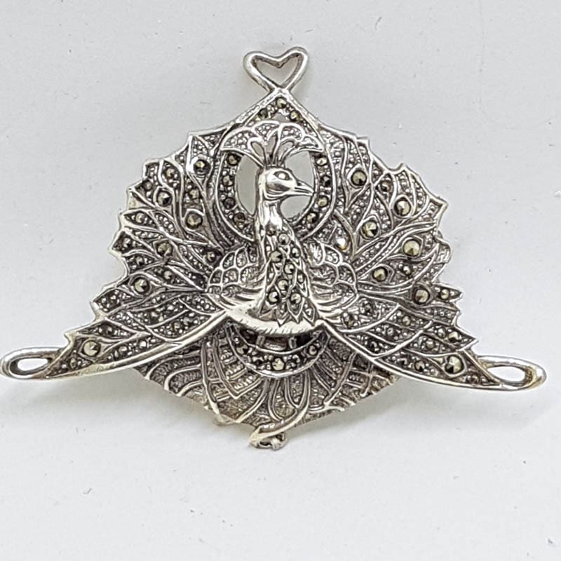 Sterling Silver Marcasite Large Peacock Bird Brooch