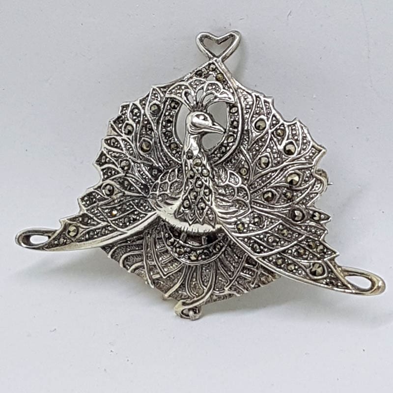 Sterling Silver Marcasite Large Peacock Bird Brooch