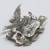 Sterling Silver Marcasite Large Duck / Bird on Water Lily Pond Brooch
