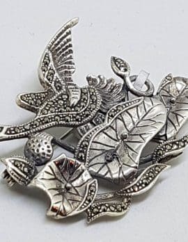 Sterling Silver Marcasite Large Duck / Bird on Water Lily Pond Brooch