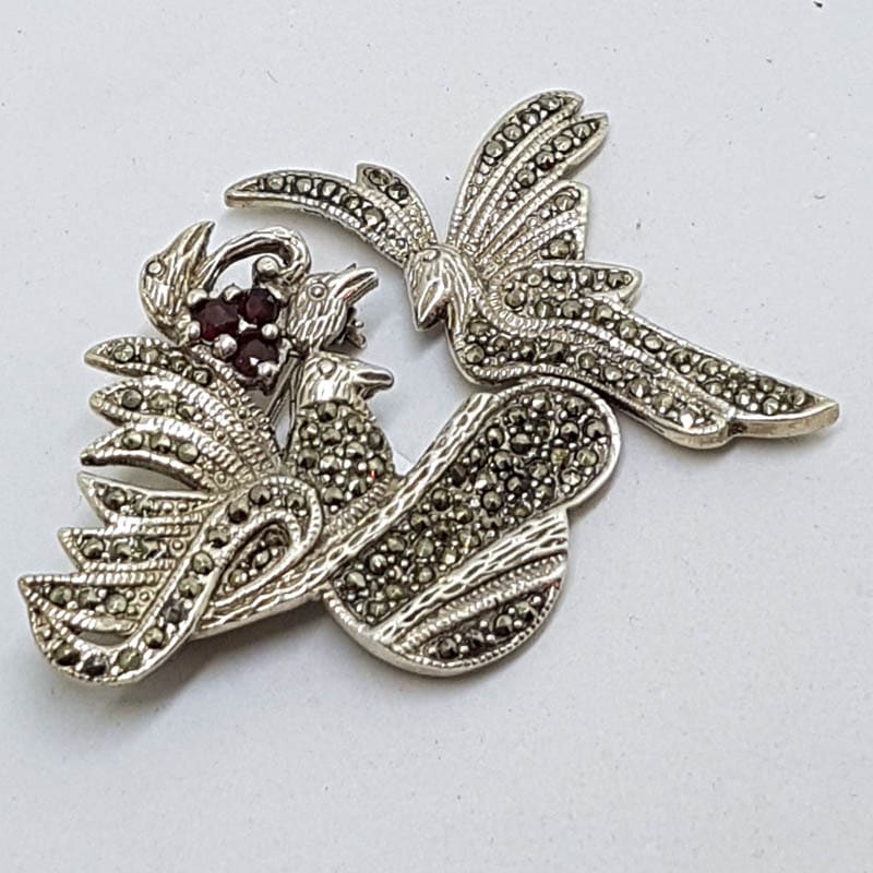 20210721_134019 Sterling Silver Marcasite Large Bird with Garnet Flower Brooch - Birds in Nest