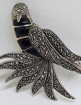 Sterling Silver Marcasite Very Large Bird with Black Enamel Brooch