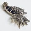 Sterling Silver Marcasite Very Large Bird with Black Enamel Brooch