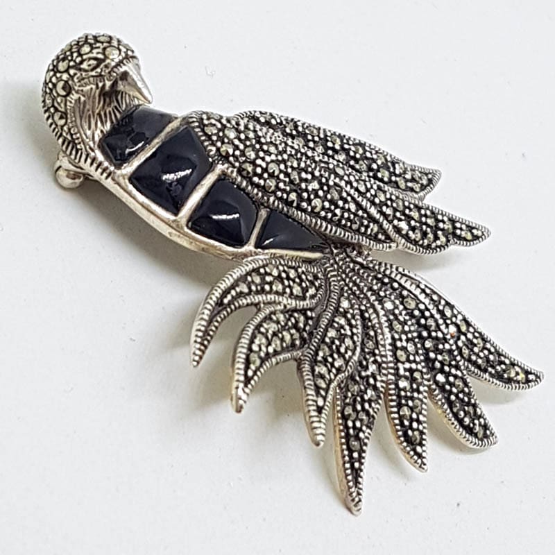 20210721_134053 Sterling Silver Marcasite Very Large Bird with Black Enamel Brooch