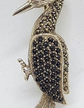 Sterling Silver Marcasite & Black Woodpecker Bird Brooch