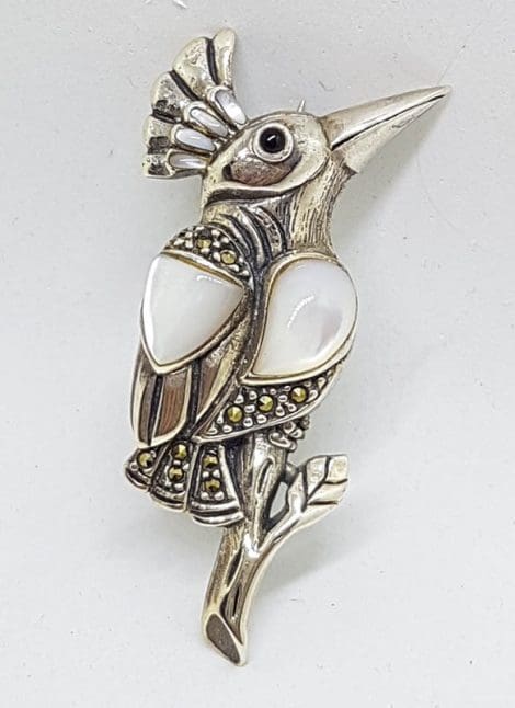Sterling Silver Marcasite and Mother of Pearl Bird Brooch
