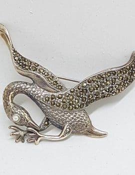 Sterling Silver Marcasite and Mother of Pearl Large Crane Bird Brooch