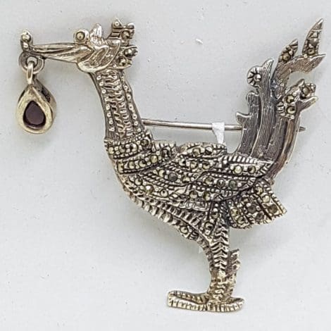 Sterling Silver Marcasite Large Crane / Stalk / Bird Brooch - Garnet Drop