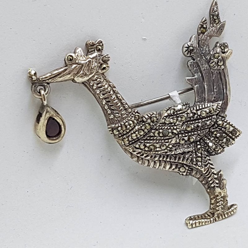 Sterling Silver Marcasite Large Crane / Stalk / Bird Brooch - Garnet Drop