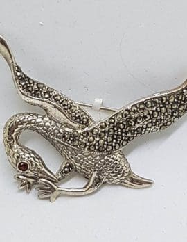 Sterling Silver Marcasite and Red Eye Large Crane Bird Brooch