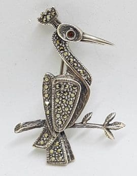 Sterling Silver Marcasite Crane / Bird on Branch Brooch