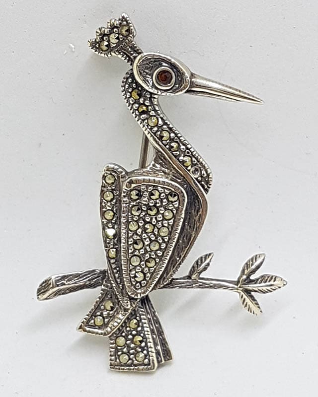 20210721_134508 Sterling Silver Marcasite Crane / Bird on Branch Brooch