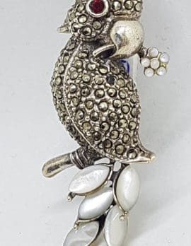 Sterling Silver Marcasite and Mother of Pearl Parrot Bird Brooch