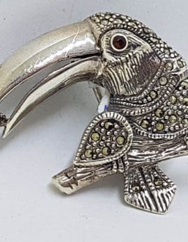 Sterling Silver Marcasite Large Toucan Bird with Garnet Eye Brooch