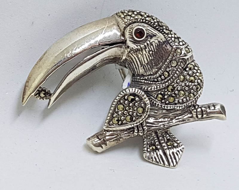 Sterling Silver Marcasite Large Toucan Bird with Garnet Eye Brooch