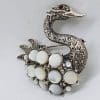 Sterling Silver Marcasite and Mother of Pearl Large Swan Brooch