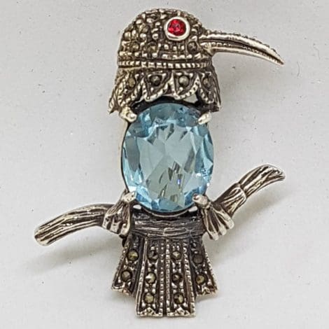 Sterling Silver Marcasite Bird with Blue Brooch