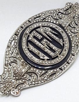 Sterling Silver Vintage Marcasite & Onyx Brooch – Very Large Ornate Monogrammed "IGT"