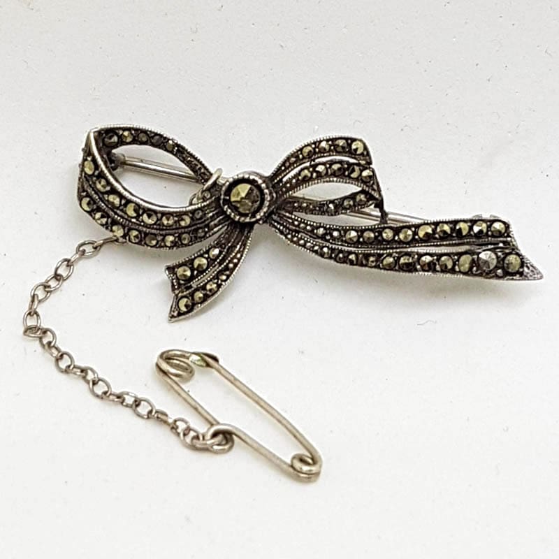 Sterling Silver Marcasite Bow Brooch - Vintage