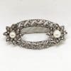 Sterling Silver Ornate Marcasite and Pearl Oval Floral Brooch - Vintage
