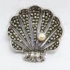 Sterling Silver Vintage Marcasite Brooch - Large Shell with Pearl