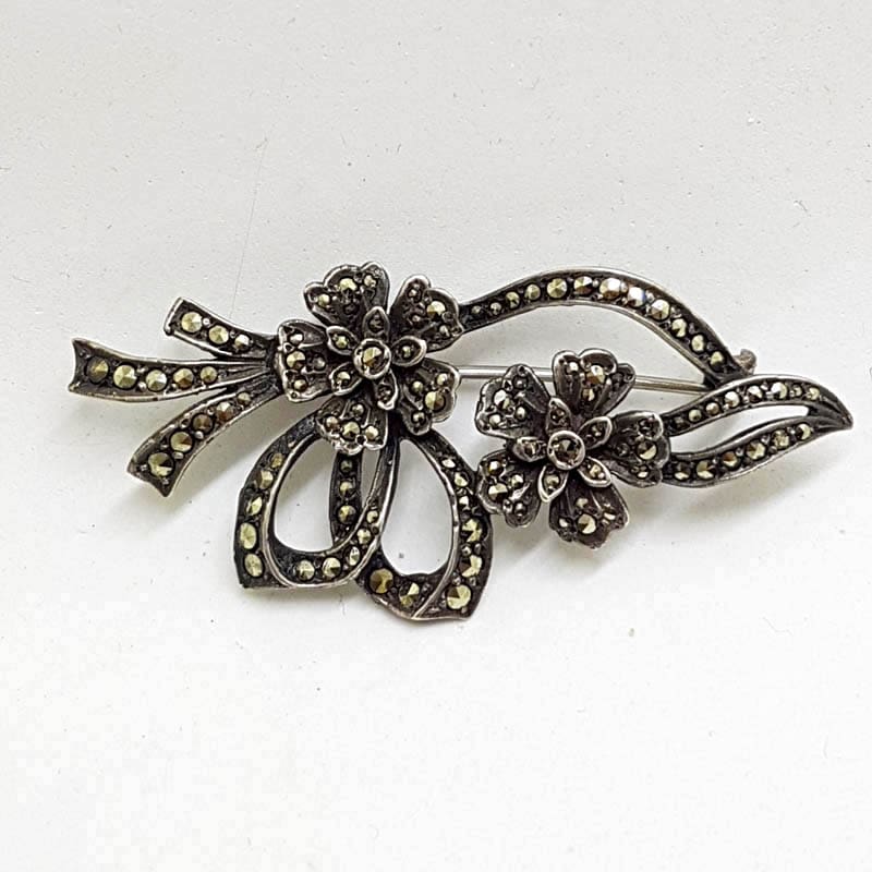 Sterling Silver Ornate Floral Marcasite Brooch Vintage