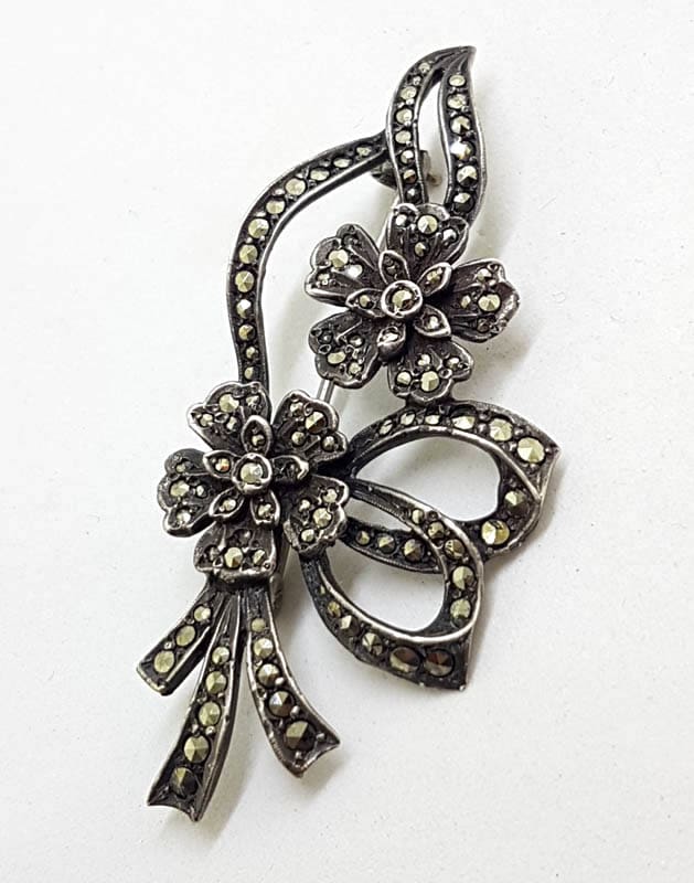 Sterling Silver Ornate Floral Marcasite Brooch - Vintage