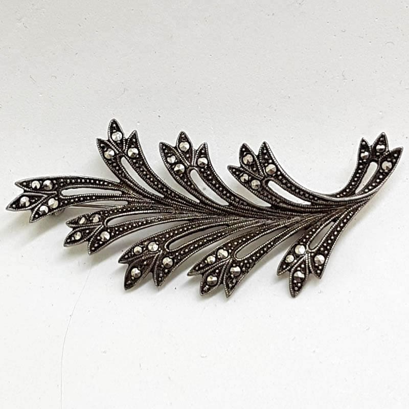 Sterling Silver Vintage Marcasite Brooch – Large Leaf