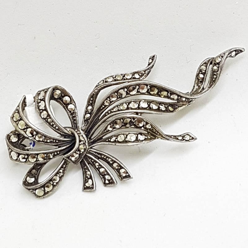 Sterling Silver Vintage Marcasite Brooch - Large Ribbon Design