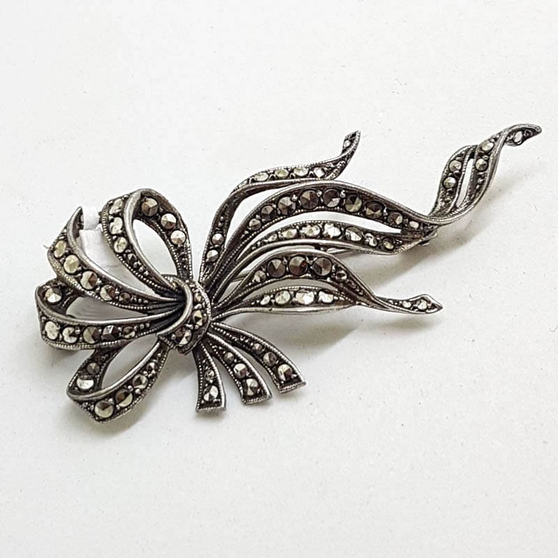 Sterling Silver Vintage Marcasite Brooch - Large Ribbon Design