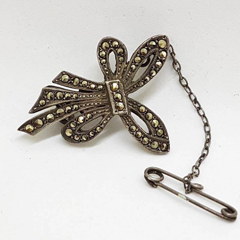 Sterling Silver Vintage Marcasite Brooch - Bow