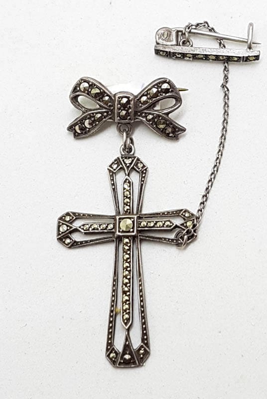 20210722_202822 Sterling Silver Vintage Marcasite Brooch – Large Cross / Crucifix on Bow