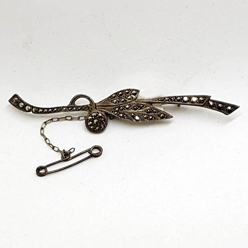 20210722_202839 Sterling Silver Vintage Marcasite Leaf on Bar Brooch