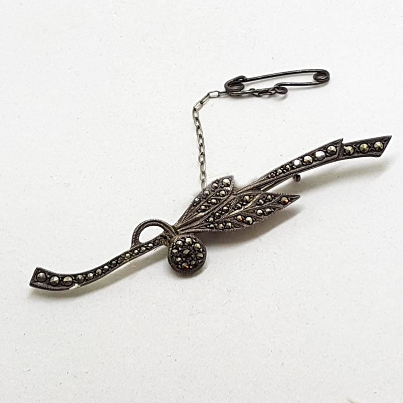 20210722_202851 Sterling Silver Vintage Marcasite Leaf on Bar Brooch