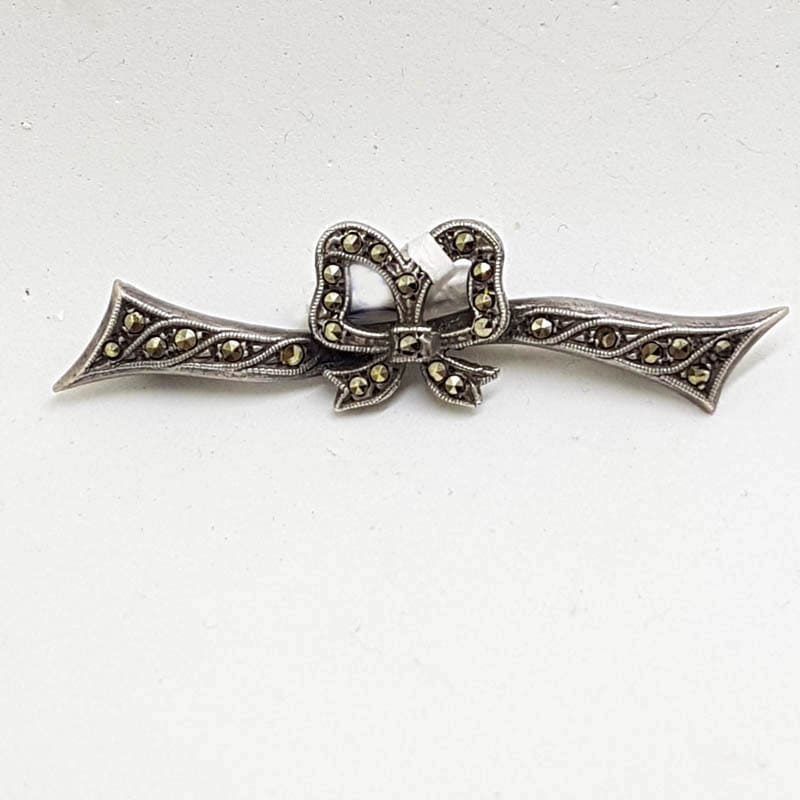 Sterling Silver Vintage Marcasite Brooch - Bow on Bar