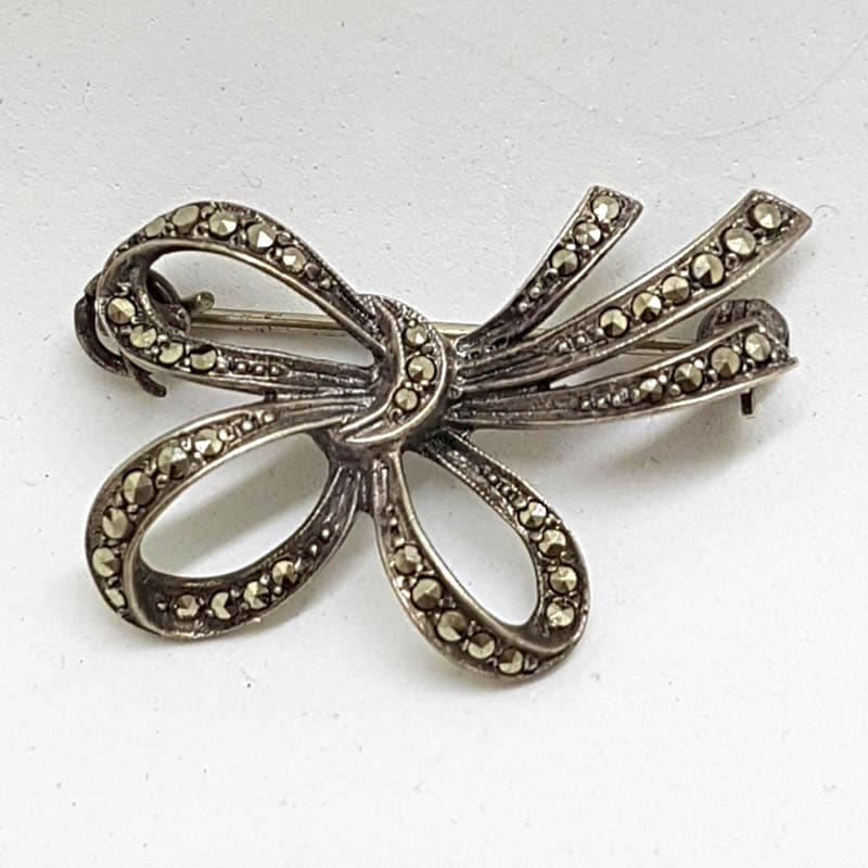 Sterling Silver Vintage Marcasite Brooch - Bow