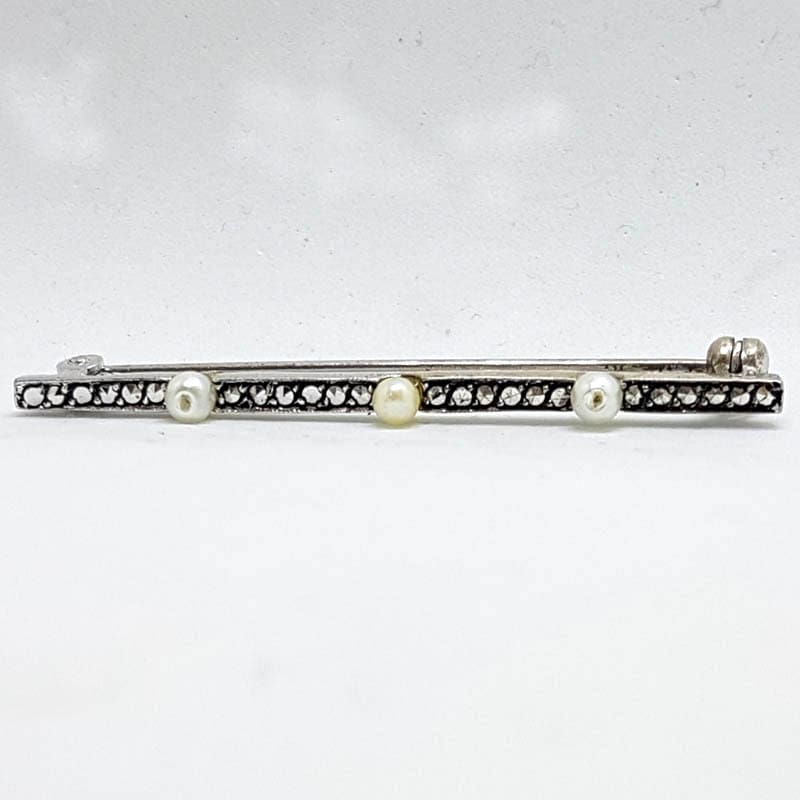 20210722_203011 Sterling Silver Vintage Marcasite with Faux Pearls Bar Brooch