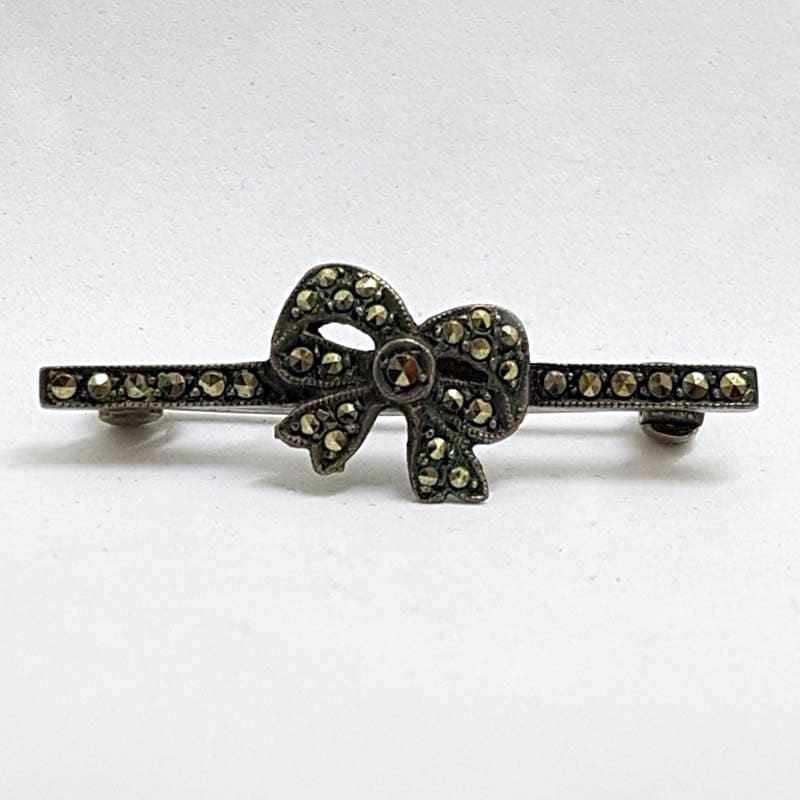 Sterling Silver Vintage Marcasite Brooch - Bow on Bar