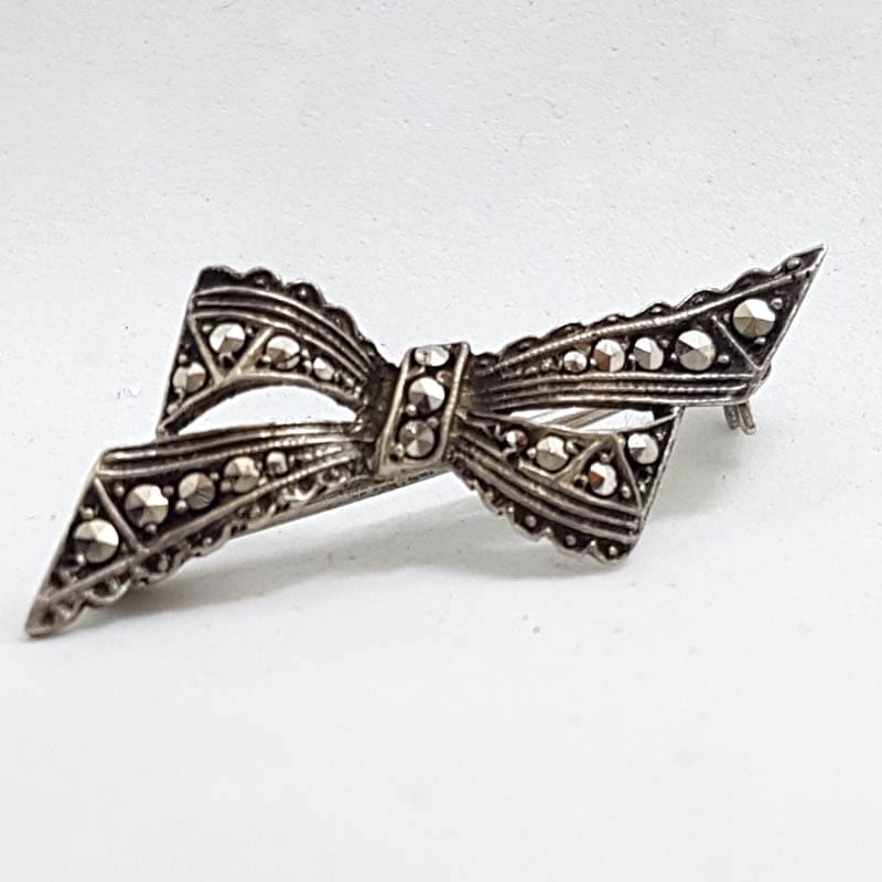 Sterling Silver Vintage Marcasite Brooch - Bow