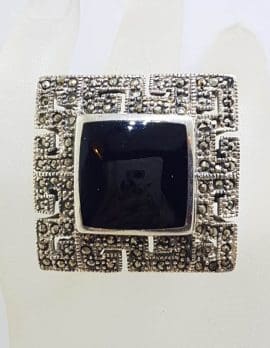 Sterling Silver Marcasite and Onyx Very Large Square Greek Key Design Ring