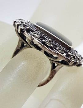 Sterling Silver Marcasite & Onyx Very Large Rectangular Ornate Filigree Ring