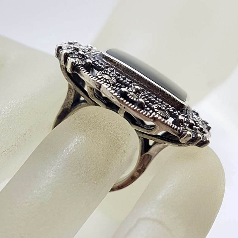 Sterling Silver Marcasite & Onyx Very Large Rectangular Ornate Filigree Ring