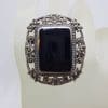 Sterling Silver Marcasite & Onyx Very Large Rectangular Ornate Filigree Ring