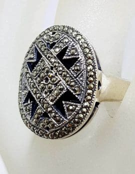 Sterling Silver Marcasite & Onyx Large Ornate Oval Ring
