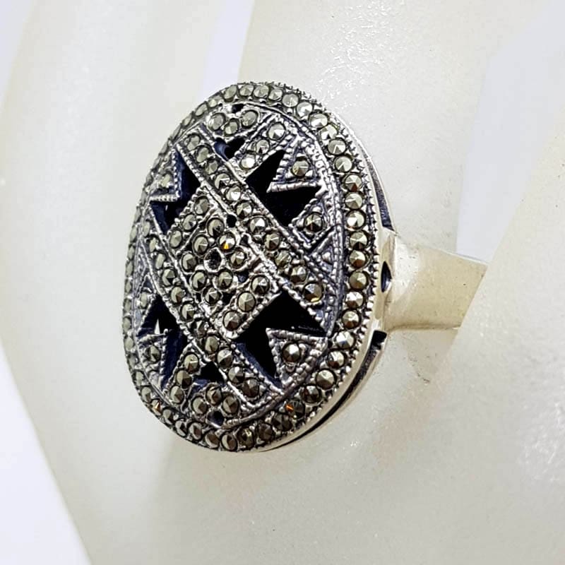 Sterling Silver Marcasite & Onyx Large Ornate Oval Ring